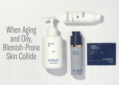 Four skinbetter science products with text that reads 'When Aging and Oily, Blemish-prone Skin Collide'